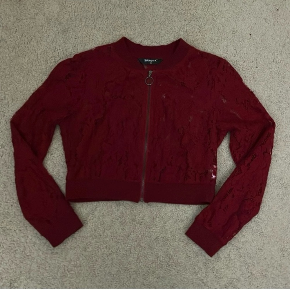 Burgundy Red Floral Lace Bomber Jacket, floral mesh, sheer, like new